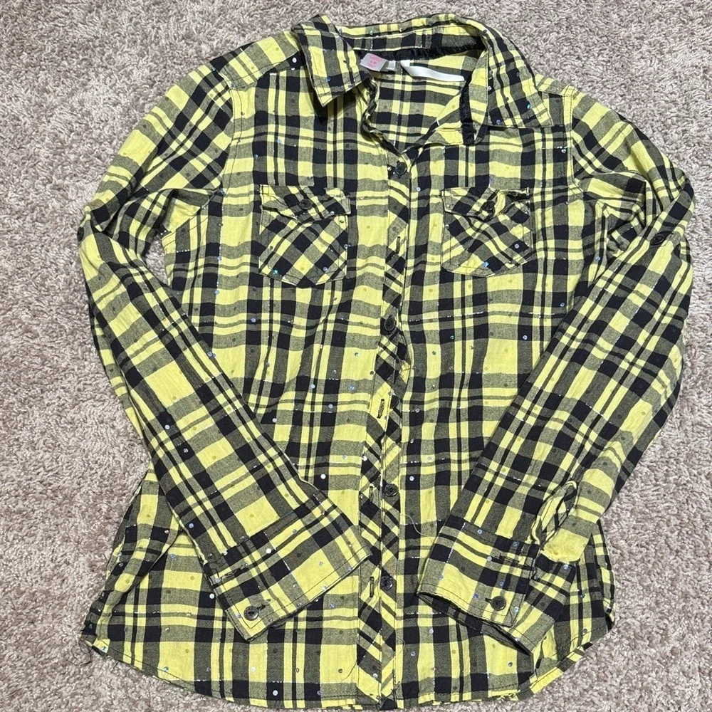 Justice Yellow and Black Plaid Button-Up Shirt / AA3